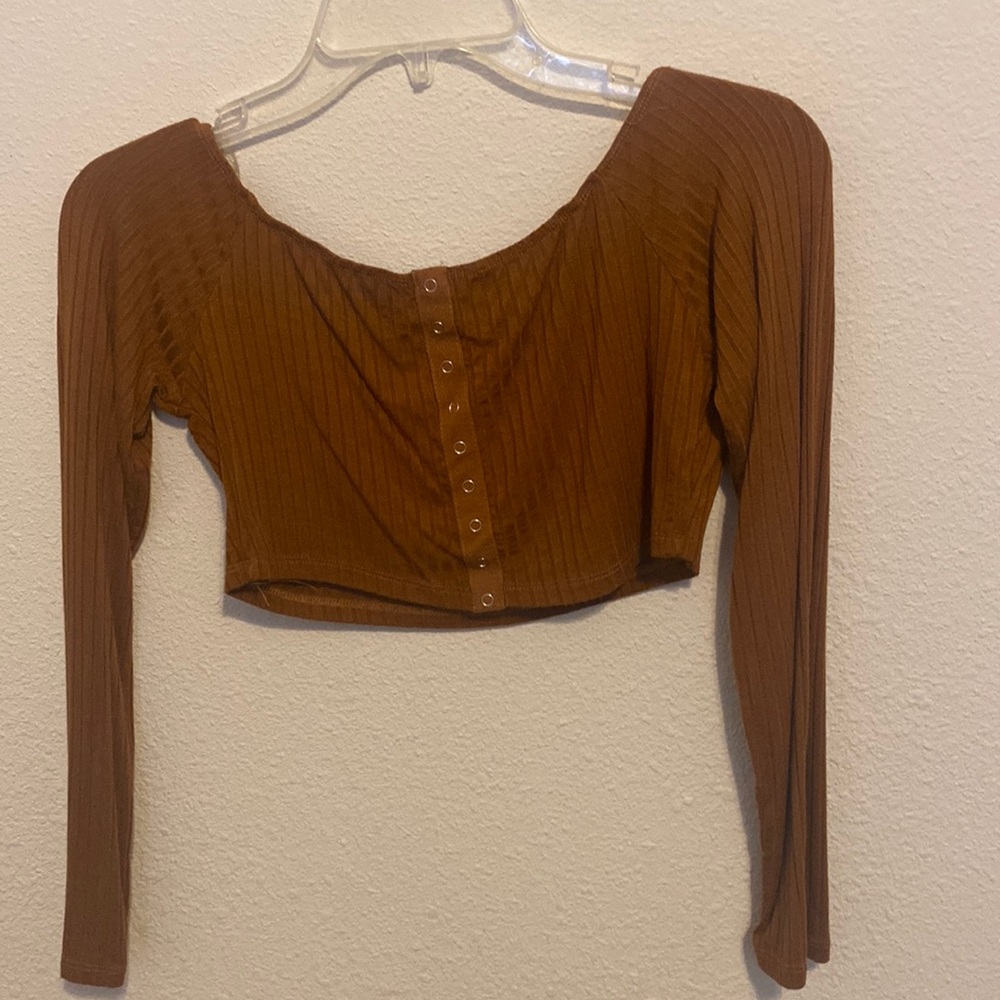 Tan off the shoulder, long-sleeve crop top